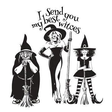 Three hand drawn witches holding broom sticks. Stock Illustration