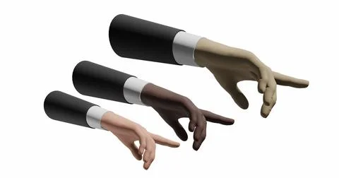 Three hand of a man of different races multicultural hands pointing finger of Stock Illustration