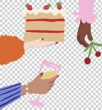 Three hands are holding cherries, cake slice and drink in flat design, with Stock Illustration