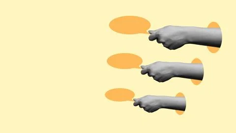 Three hands are holding up orange circles, with one hand pointing to the left Stock Photos