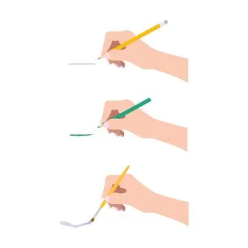 Three hands holding different writing and drawing instruments Illustrazione stock