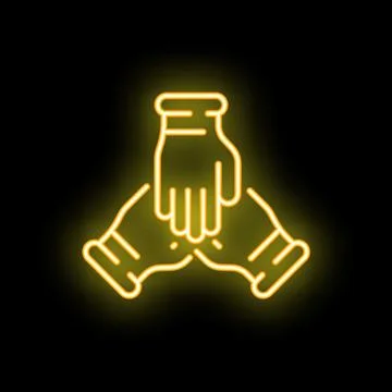 Three hands joining together yellow neon icon illustrating teamwork Stock Illustration