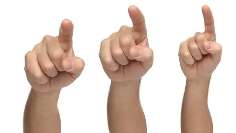 Three hands pointing or touching something Stock Photos