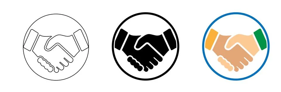 Three Handshake Icons Outline Fill and Color Variations Stock Illustration