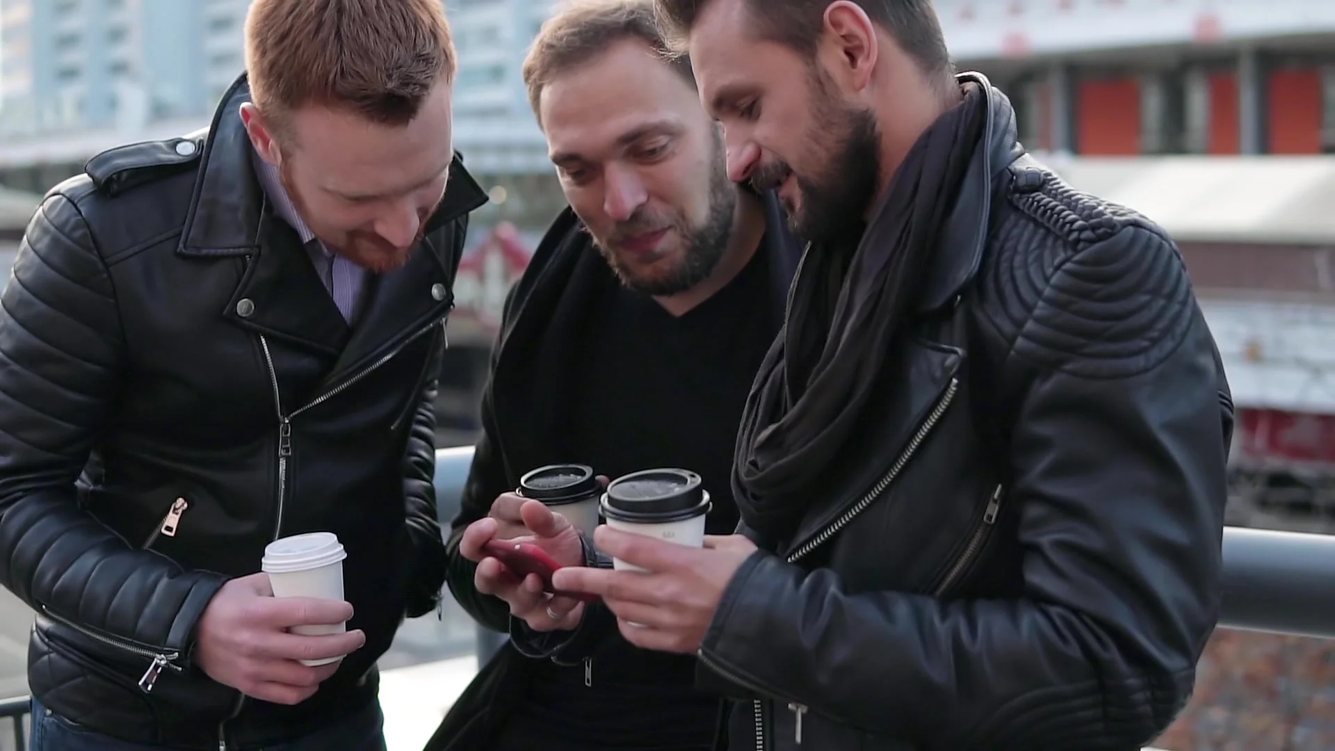 Three handsome young men with beards smi... | Stock Video | Pond5