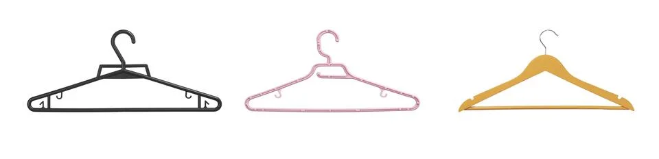 Three hanger objects arranged horizontally on surface. Set items aligned sh.. Foto stock