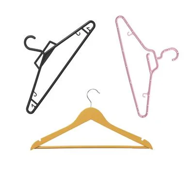 Three hanger tools displayed separately on plain background. Objects position Foto stock