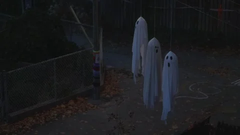 Three Hanging Ghost Decorations Made Of Cloth - Halloween Decorations. - wide Stock Footage 321930044