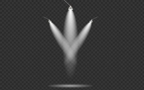 Three hanging metal lamps casting white spotlight beams on dark stage floor Illustrazione stock