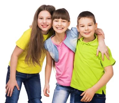 Three happy children embrasing each other Foto stock
