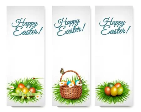 Three Happy Easter banners with easter eggs in a basket and grren grass. Vect Stock Illustration