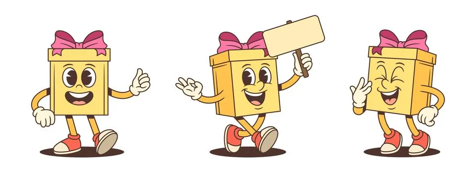 Three Happy Gift Box Cartoon Characters With Different Expressions Vector Set イラスト素材