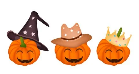 Three Happy Jack-o-Lantern Pumpkins in Halloween Hat Stock Illustration