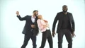 The three happy people dancing on the white background 4k or 4k+ Resolution