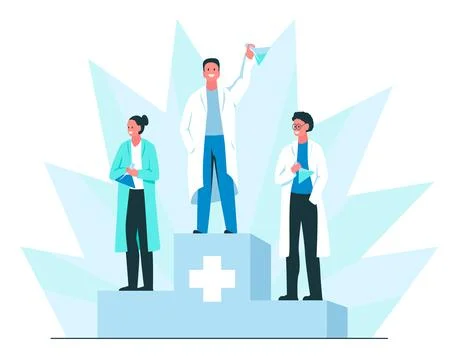 Three happy smiling scientists on the podium with chemical flasks in their hands Illustrazione stock