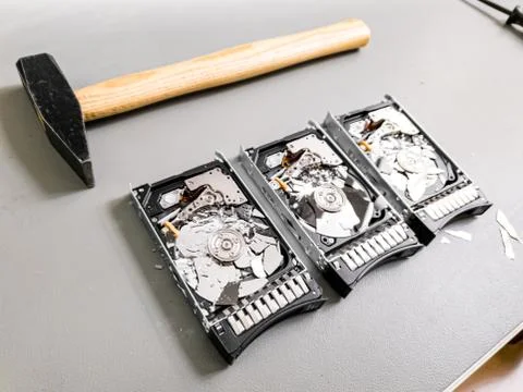 Three hard disk drives with shattered platter on a table. 스톡 사진