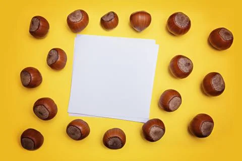 Three hazelnuts and sheet of paper Stock Photos