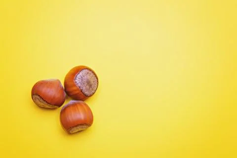 Three hazelnuts on a yellow background Stock Photos