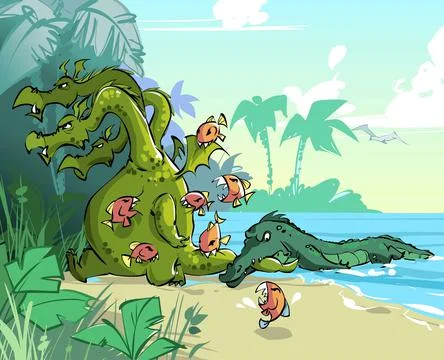 The three-headed monster was attacked by piranhas and a crocodile in the jung Stock-Illustration