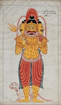 A three headed Sinhalese devil called Sanni standing before a leopard (?) a.. 스톡 일러스트