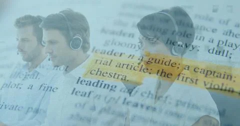 Three headset support agents reading dictionary overlay, highlight appearing and Stock Photos