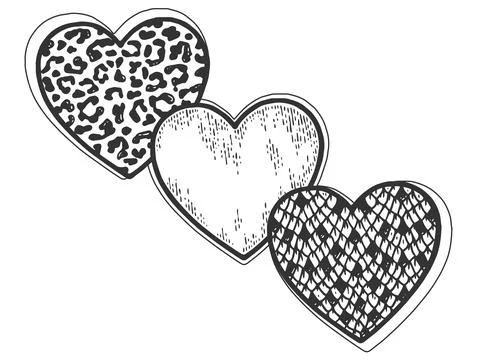 Three hearts, snake, leopard and sketch. Sign and symbol of love. Scratch board Stock Illustration