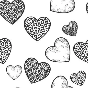 Three hearts, snake, leopard and sketch. Sign and symbol of love. Seamless Stock Illustration