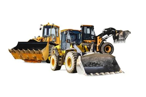 Three heavy front loaders or bulldozers on a white isolated background. Const Stock Photos