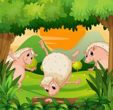 Three hedgehogs playing in the woods Stock Illustration