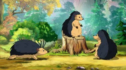 Three Hedgehogs on a Sunny Forest Glade 스톡 일러스트