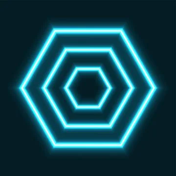 Three hexagons, turquoise colored with neon glow effect, over black Stock Illustration