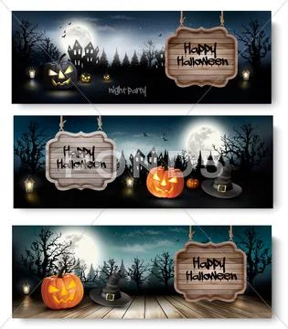 Three Holiday Halloween Banners With Pumpkins. Vector