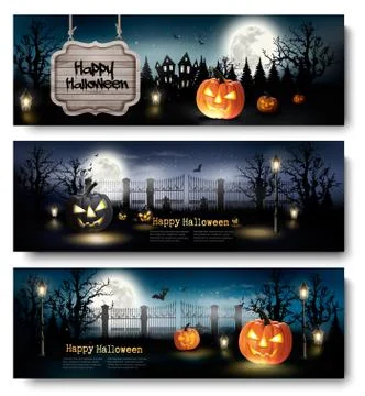 Three Holiday Halloween Banners with Pumpkins. Vector Stock Illustration