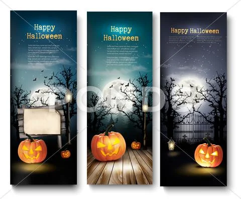 Three Holiday Halloween Banners With Pumpkins. Vector