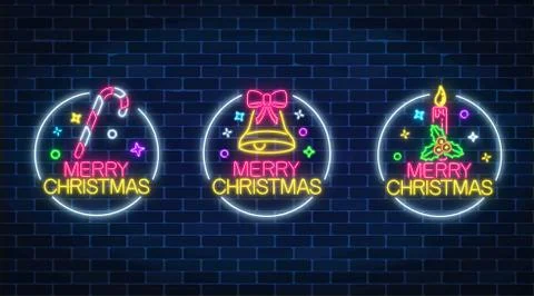 Three holiday signs in circle frames with candy, christmas bell and holiday c Stock Illustration