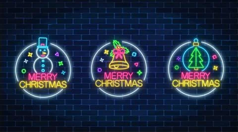 Three holiday signs in circle frames with snowman, christmas tree and bell. Stock Illustration