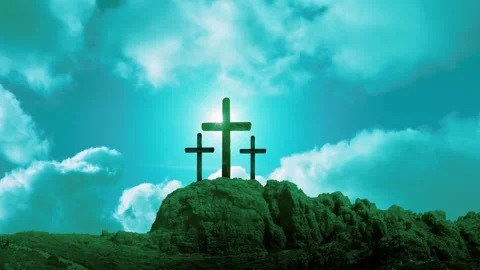 Three holy crosses on a hill with dramatic clouds Stock Footage 332727314