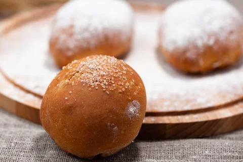 Three homemade buns, copy space, use as background Stock Photos