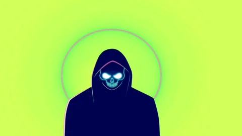 Three hooded figures with glowing skulls against a vibrant lime green Stock Footage 346120596