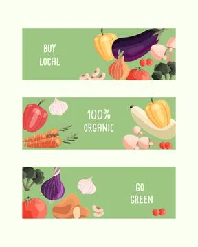 Three horizontal banner templates with fresh organic vegetables Stock Illustration