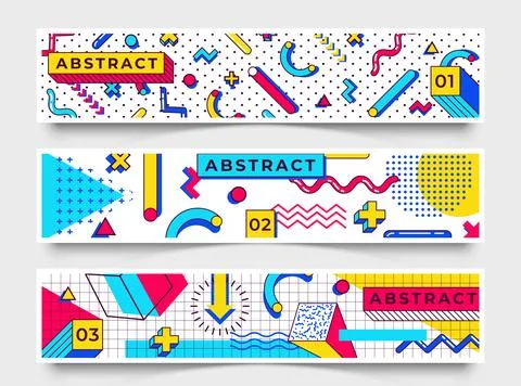 Three horizontal banners. Abstract 90s trends elements with multicolored si.. Stock Illustration