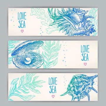Three horizontal banners with shells Illustrazione stock