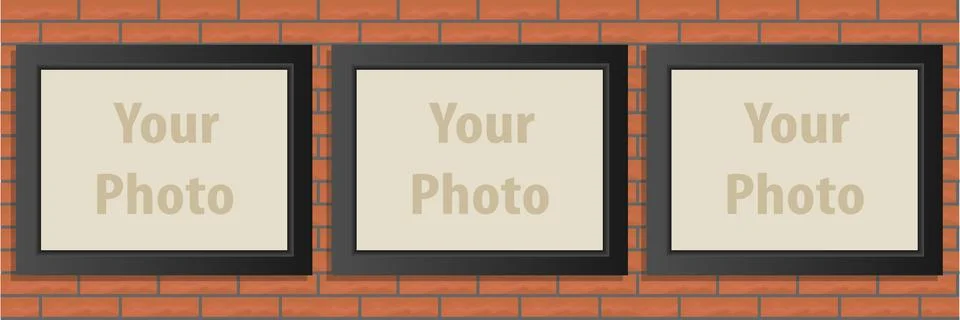 Three horizontal black photo frames on red brick wall background mock up Stock Illustration