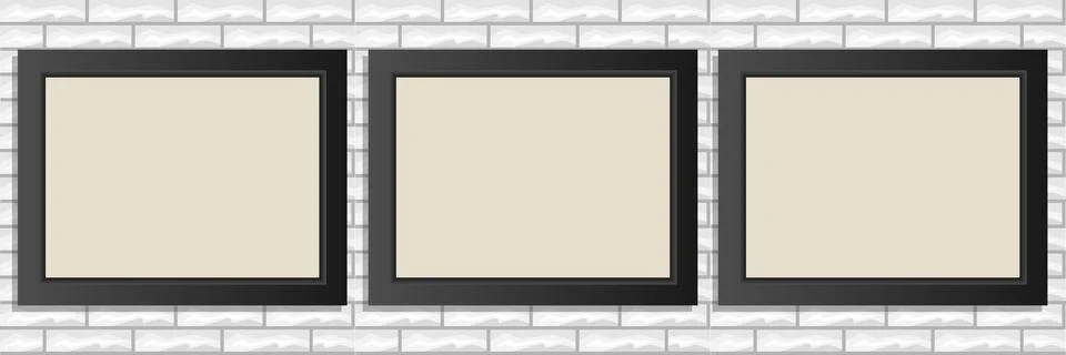 Three horizontal black photo frames on white brick wall background mock up Stock Illustration