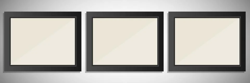Three horizontal black photo frames mock up on grey background simple flat Stock Illustration