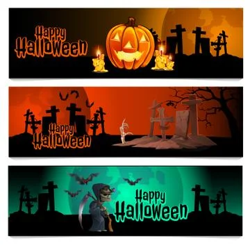 Three horizontal cards on the theme of the Halloween holiday. Vector Stock Illustration