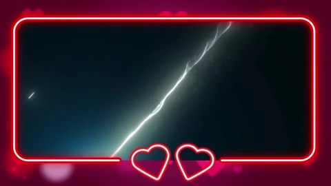 Three horizontal neon red rectangular frames with glowing hearts against dark Stock Footage 345334455