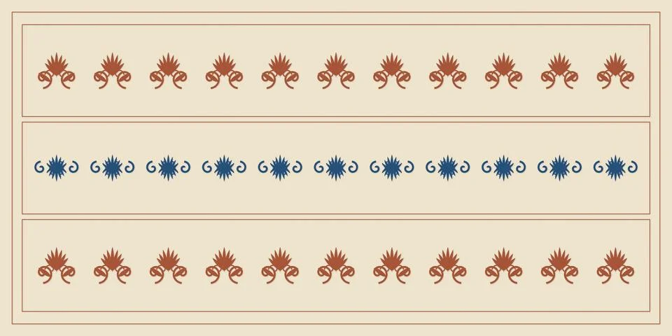 Three horizontal panels display repeating rust and blue botanical ornaments.. Stock Illustration