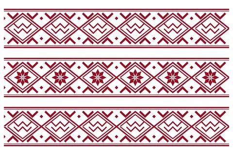 Three horizontal rows of repeating burgundy diamonds and stylized floral sy.. Stock Illustration