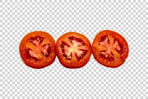 Three horizontal slices of fresh red tomato, showing internal pulp, seeds. 库存照片